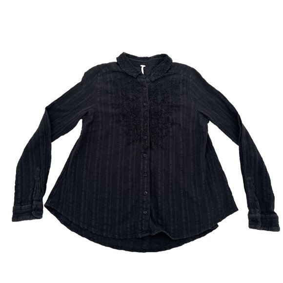 Free People dark Grey Long Sleeve Shirt Lace 100% cotton blouse collard sexy - Picture 2 of 13